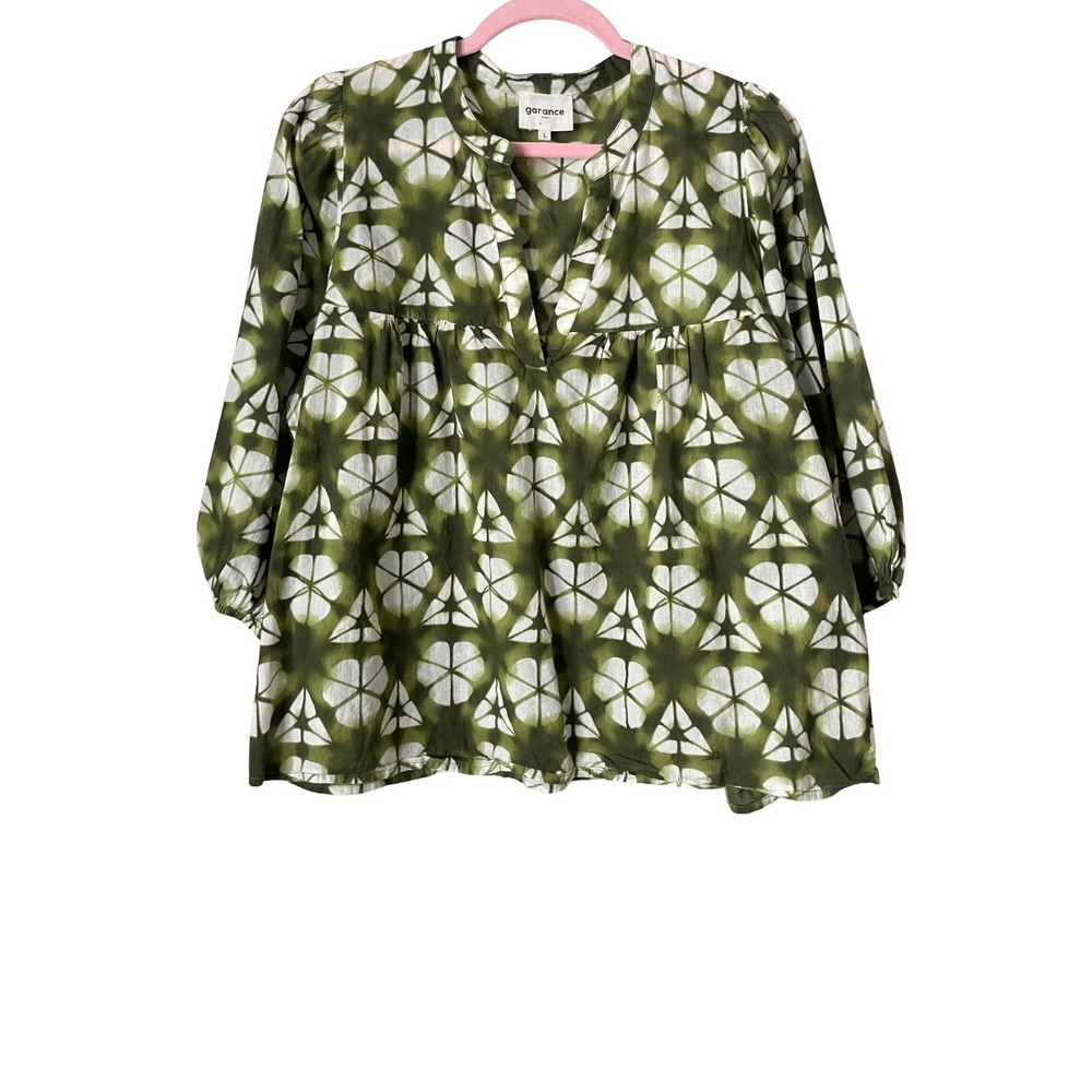 Garance Paris Top Womens Large Green White Shibori Tie Dye Cotton Babydoll Boho
